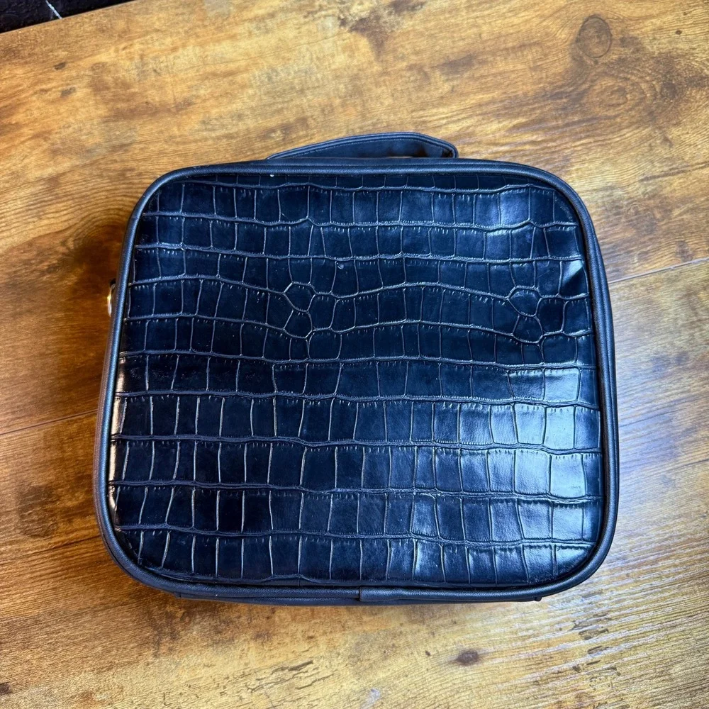 Luccattura Bee Croc Embossed Black Faux Leather Makeup Train Case OS